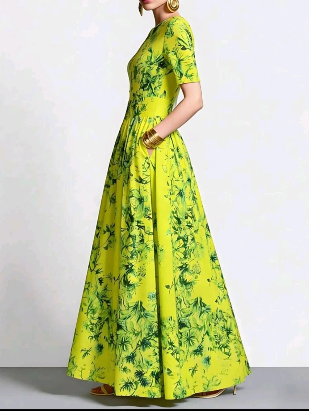 Elegant Lime Green Floral Bohemian Style Dress For Women, Spring/Summer - Picture 2 of 6